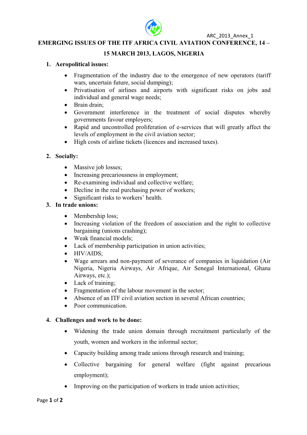 Emerging Issues of the Itf Africa Civil Aviation Conference, 14 15March 2013, Lagos, Nigeria