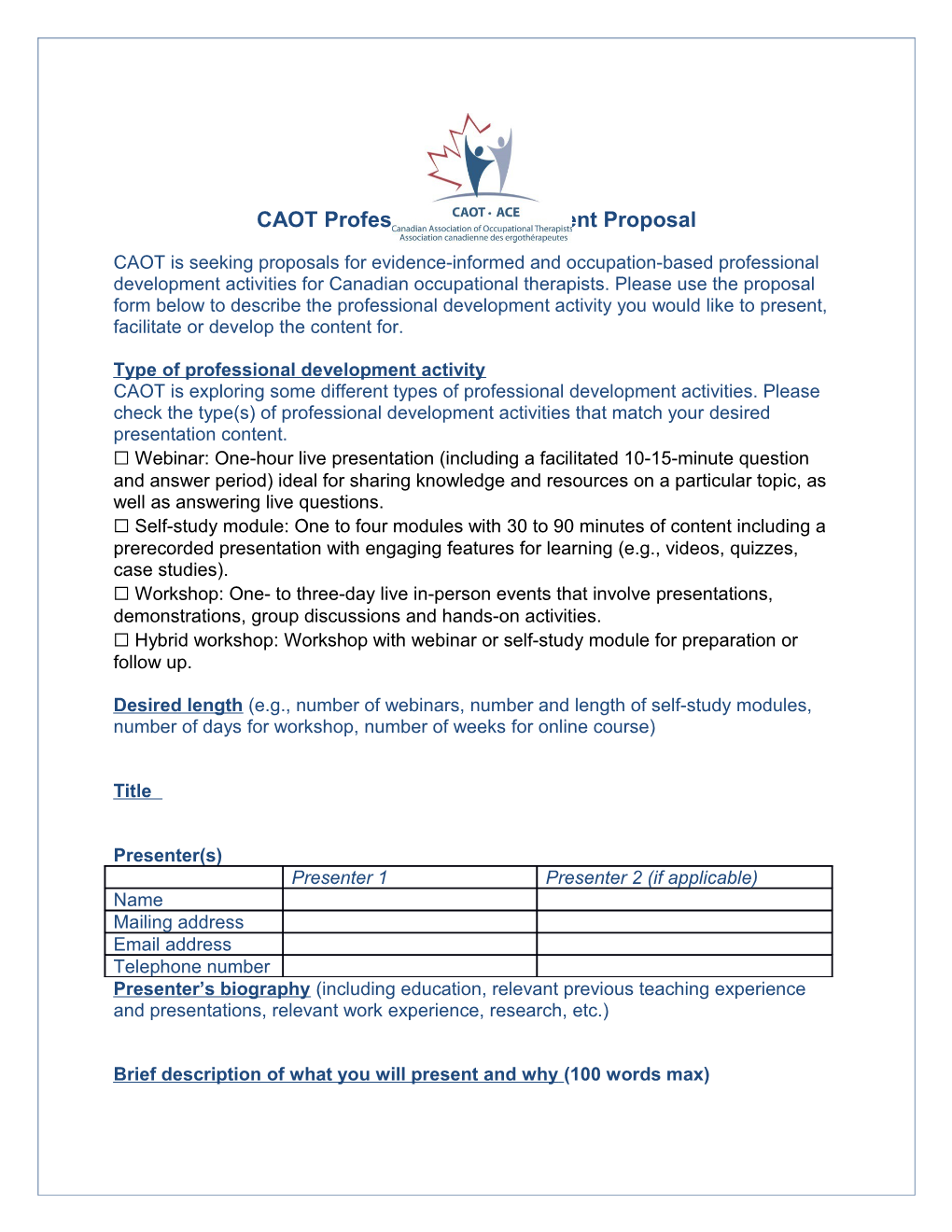 CAOT Professional Development Proposal