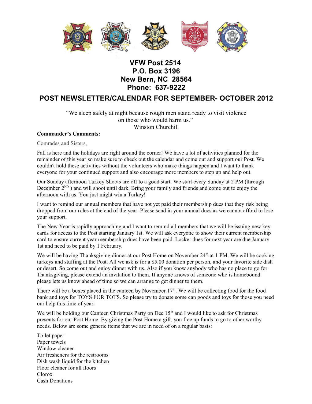 Post Newsletter/Calendar for September- October 2012