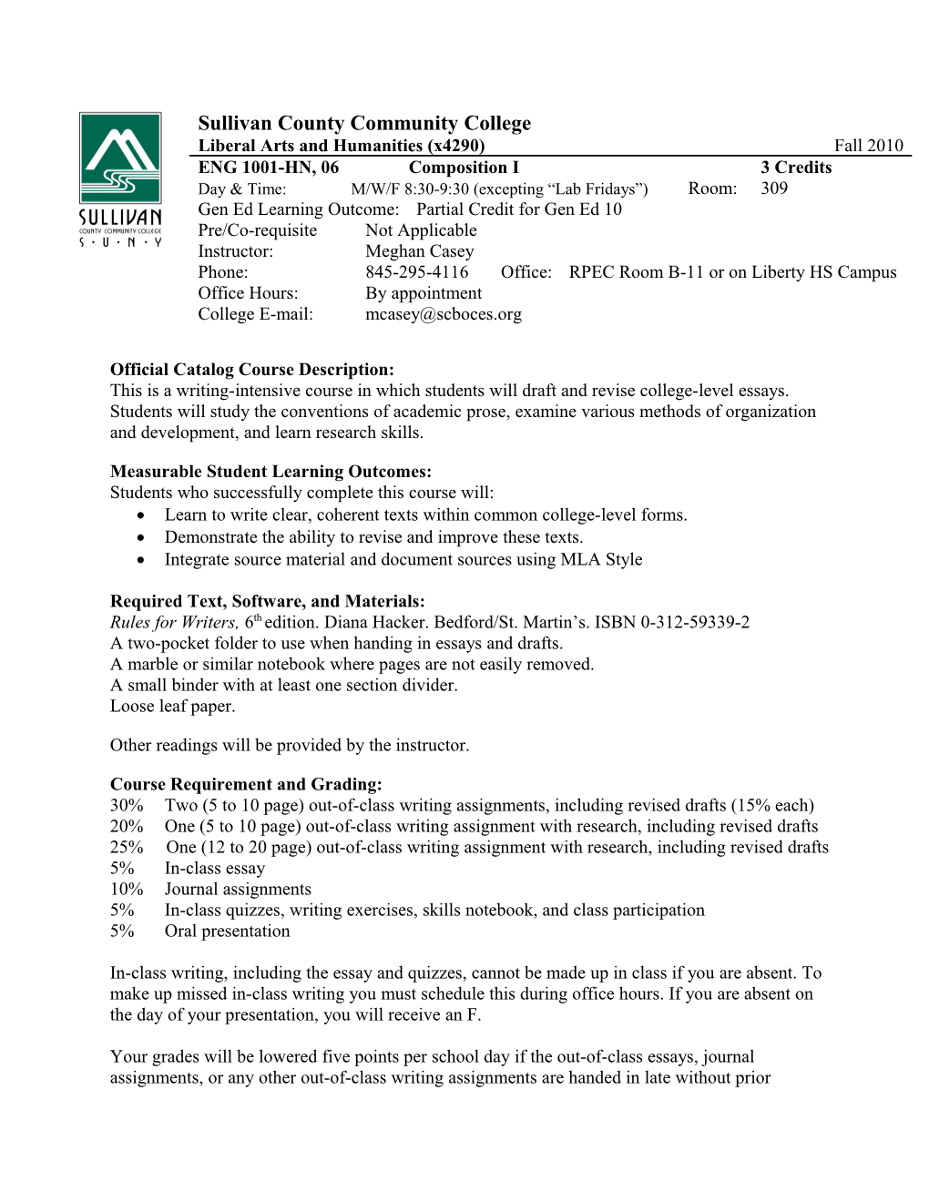 Fall 2010 ENG 1001 Standard Course Outline