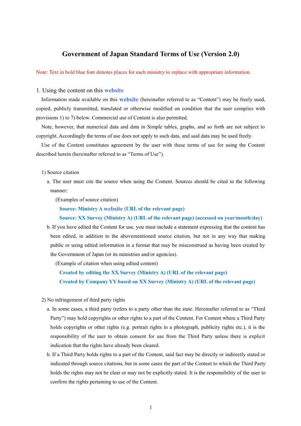 Government of Japan Standard Terms of Use (Version 2.0)