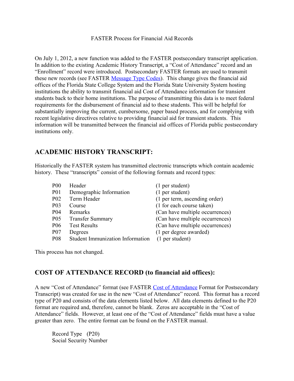 FASTER Process for Financial Aid Records