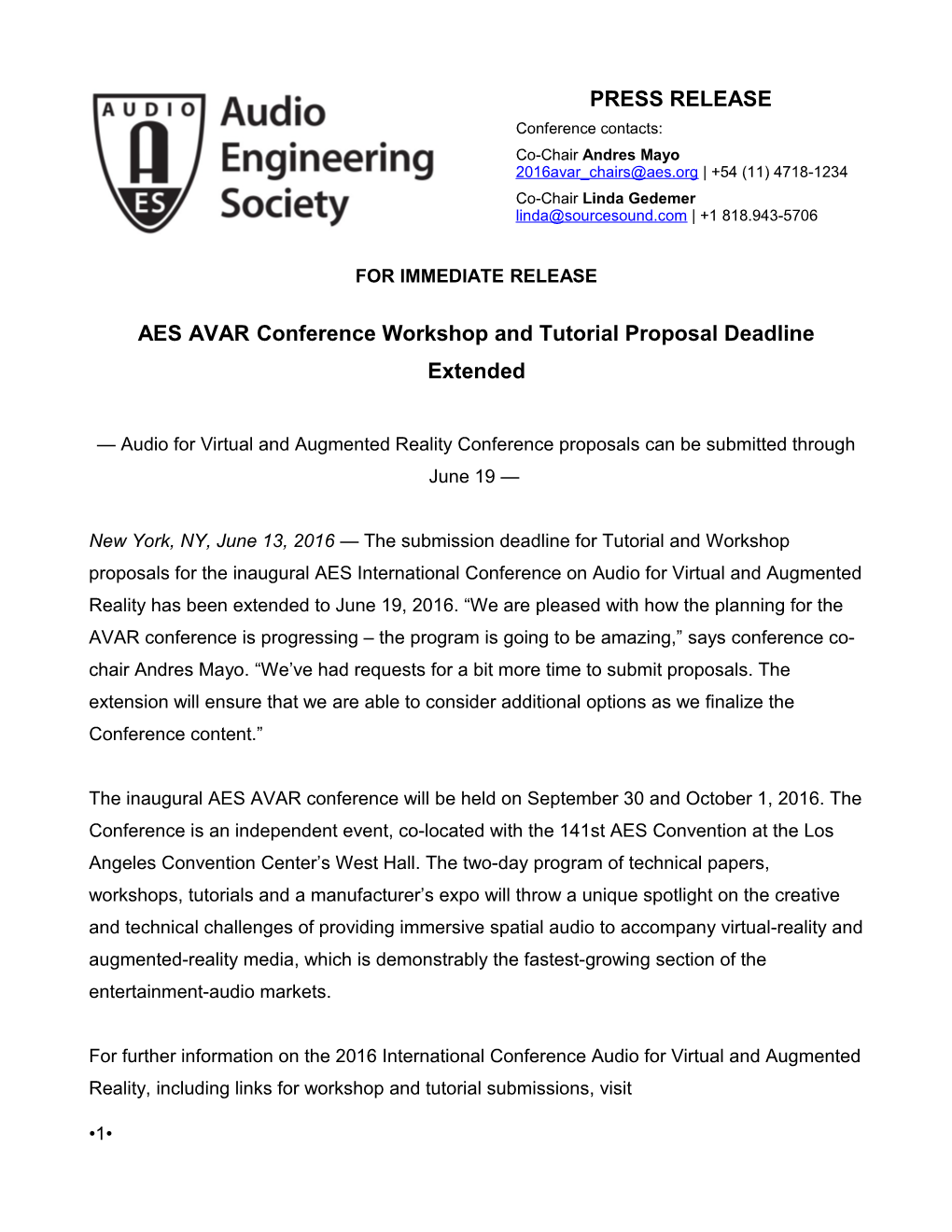 AES AVAR Conference Workshop and Tutorial Proposal Deadline Extended