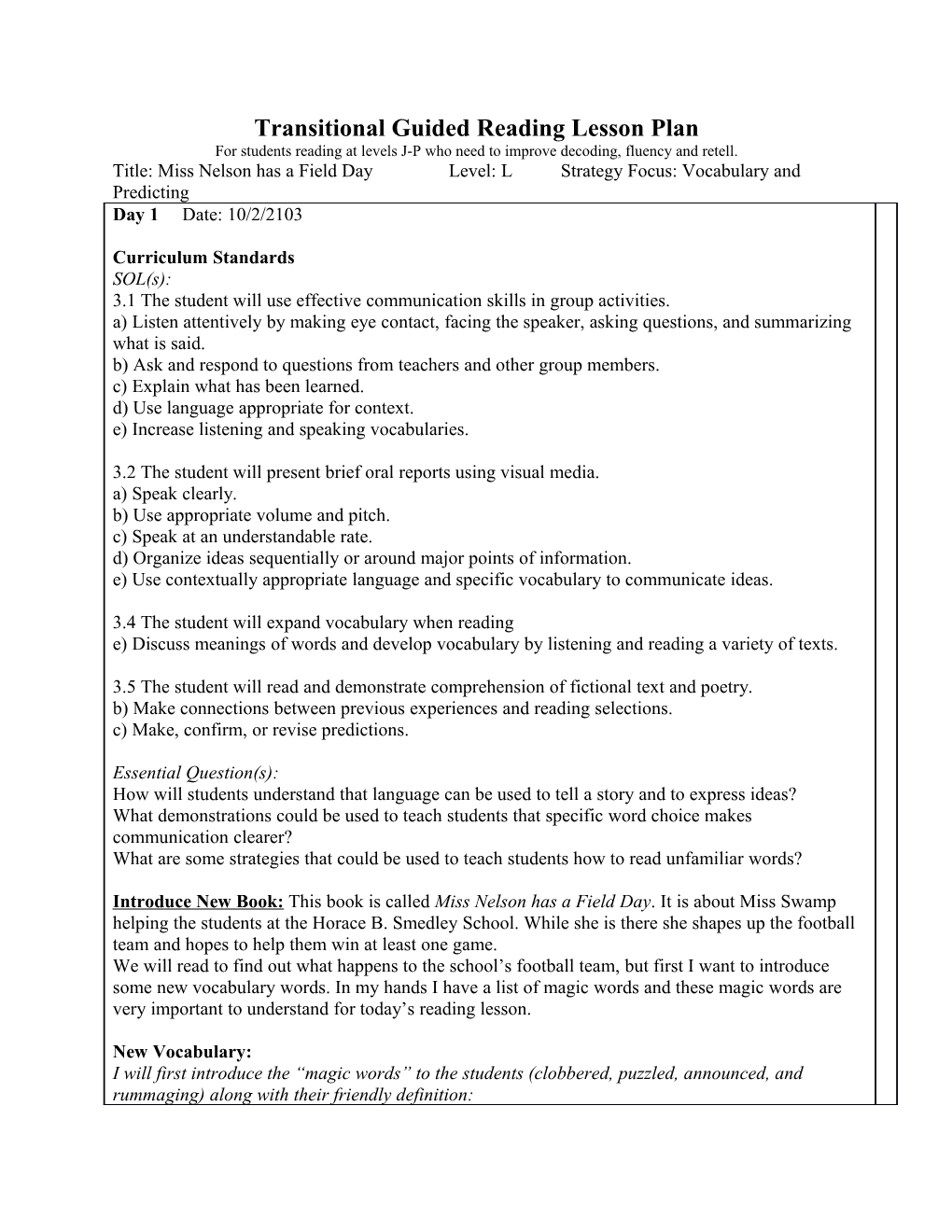 Transitional Guided Reading Lesson Plan