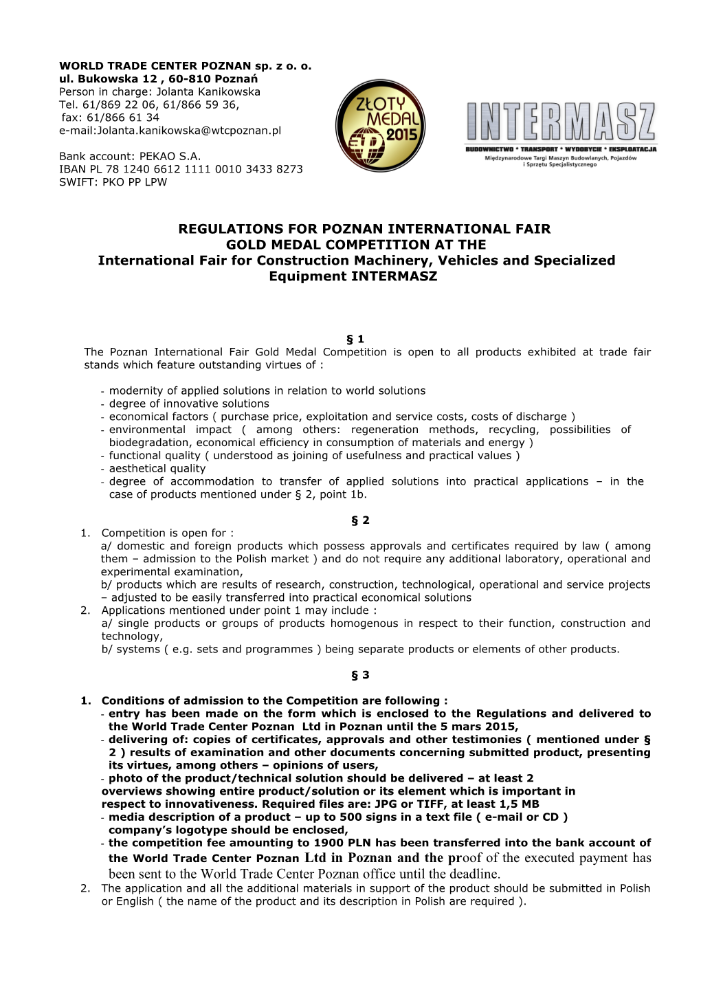 Regulations for Poznan International Fair Gold Medal Competition of the International Fair