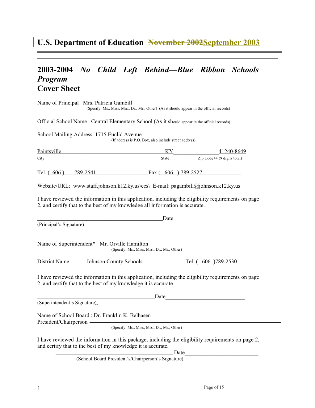 Central Elementary School 2004 No Child Left Behind-Blue Ribbon School Application (Msword)