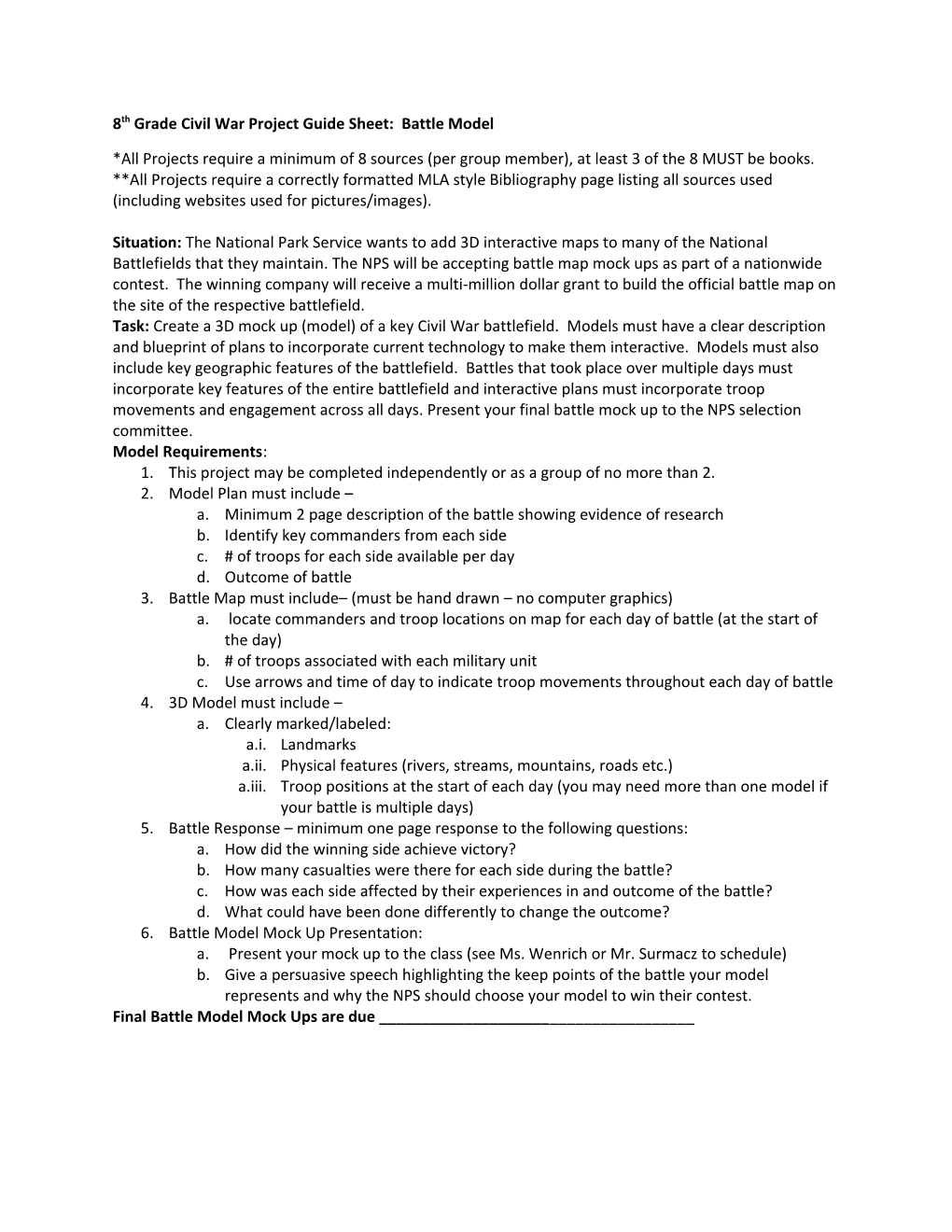 8Th Grade Civil War Project Guide Sheet: Battle Model