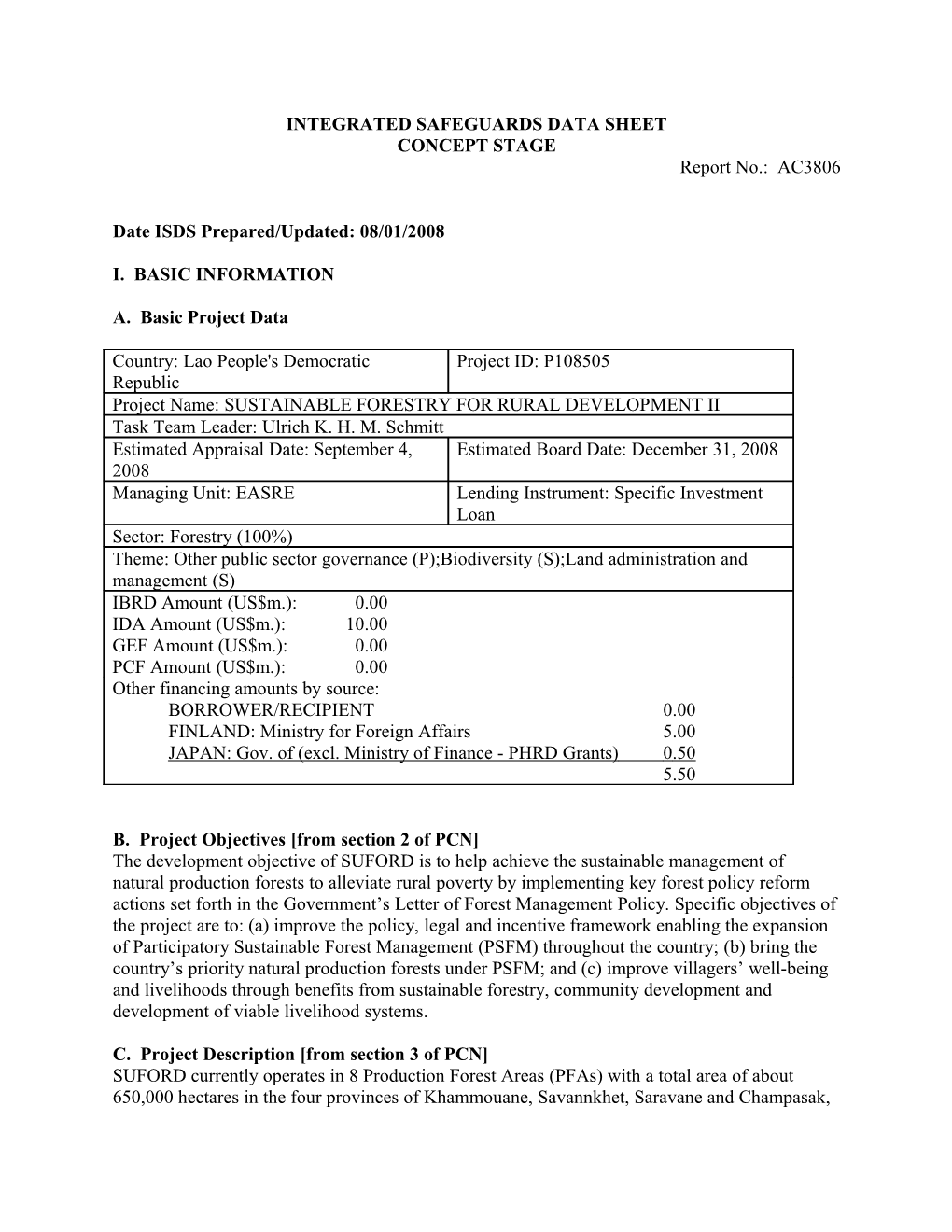 Integrated Safeguards Data Sheet