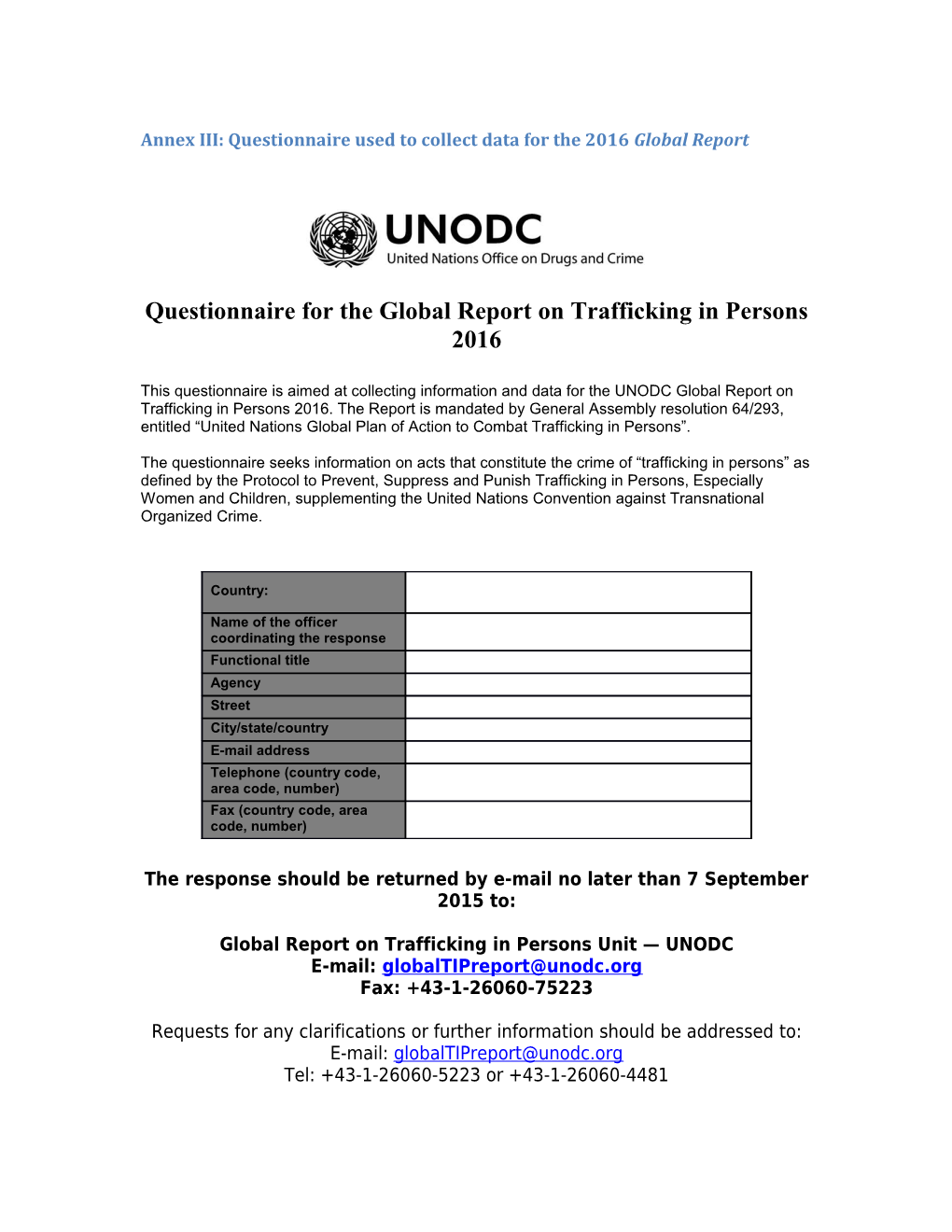 Annex III: Questionnaire Used to Collect Data for the 2016 Global Report