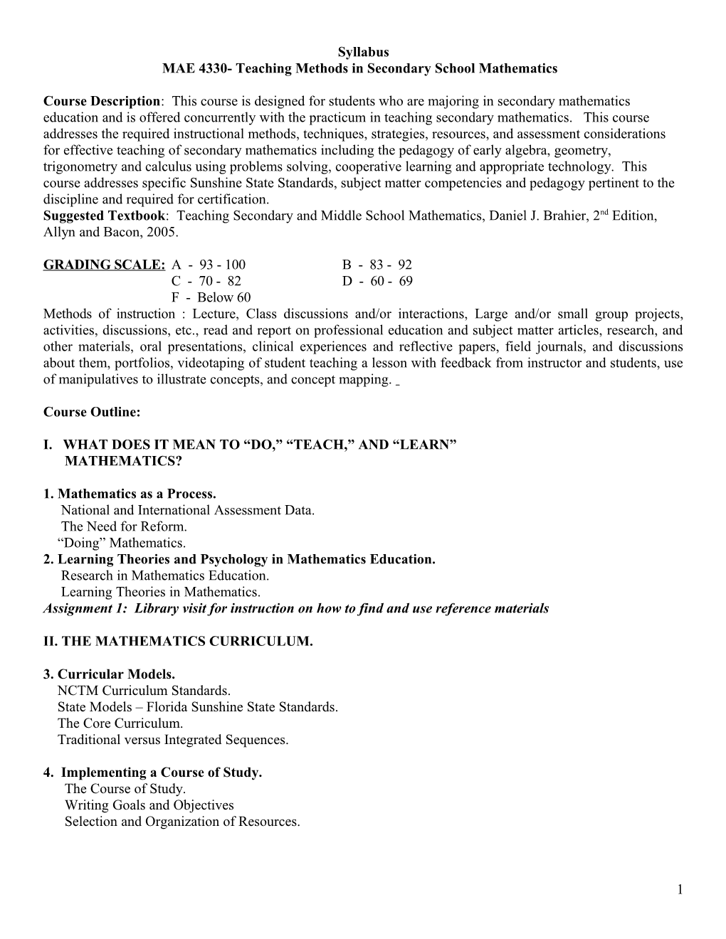 MAE 4330- Teaching Methods in Secondary School Mathematics