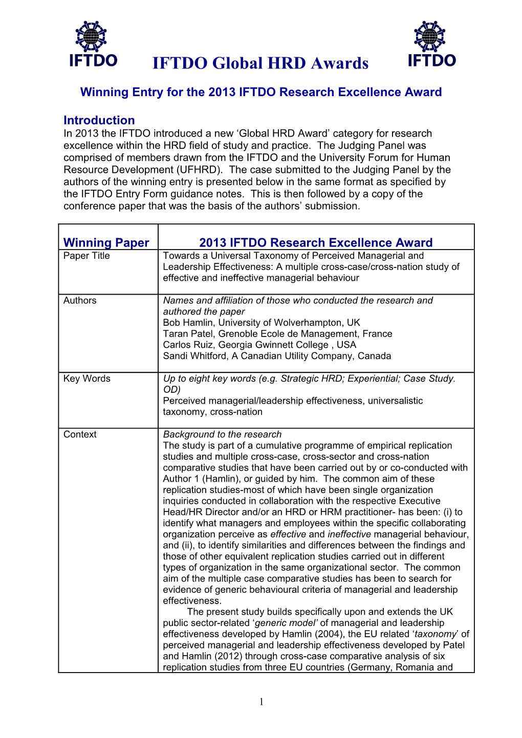 Entry Form - IFTDO Research Excellence Award