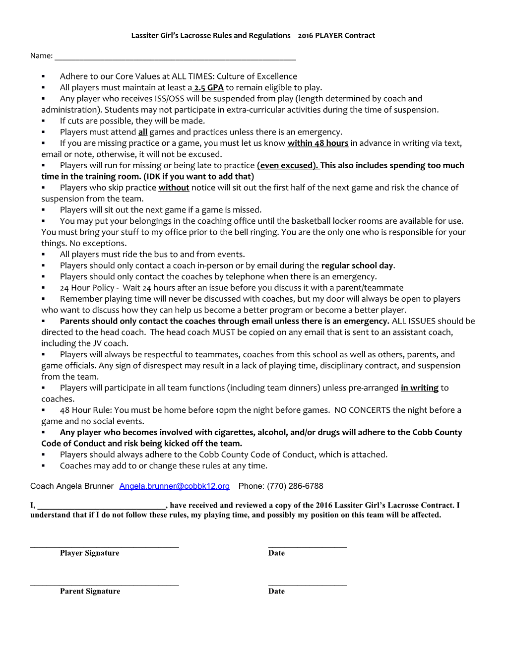 Lassiter Girl S Lacrosse Rules and Regulations 2016 PLAYER Contract