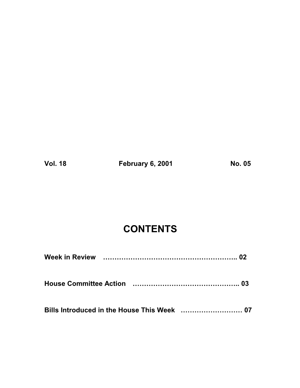 Legislative Update - Vol. 18 No. 05 February 6, 2001 - South Carolina Legislature Online