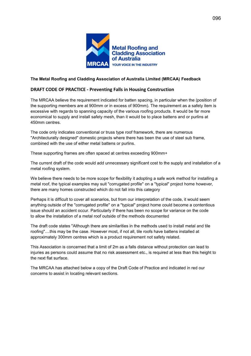 The Metal Roofing and Cladding Association of Australia Limited (MRCAA) Feedback