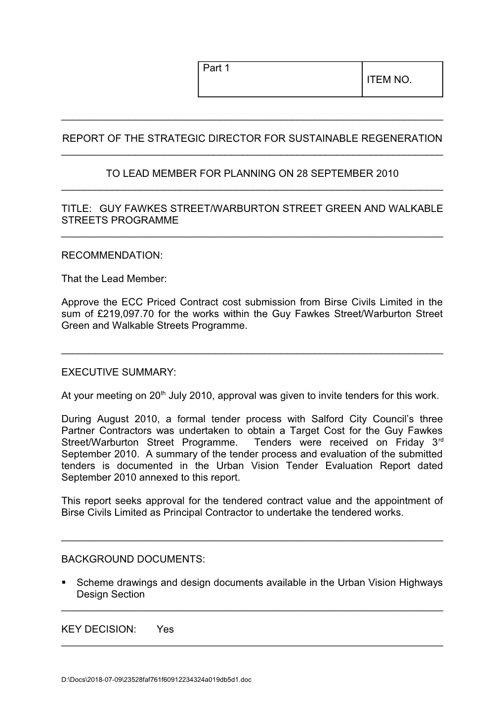 Report of the Strategic Director for Sustainable Regeneration s1