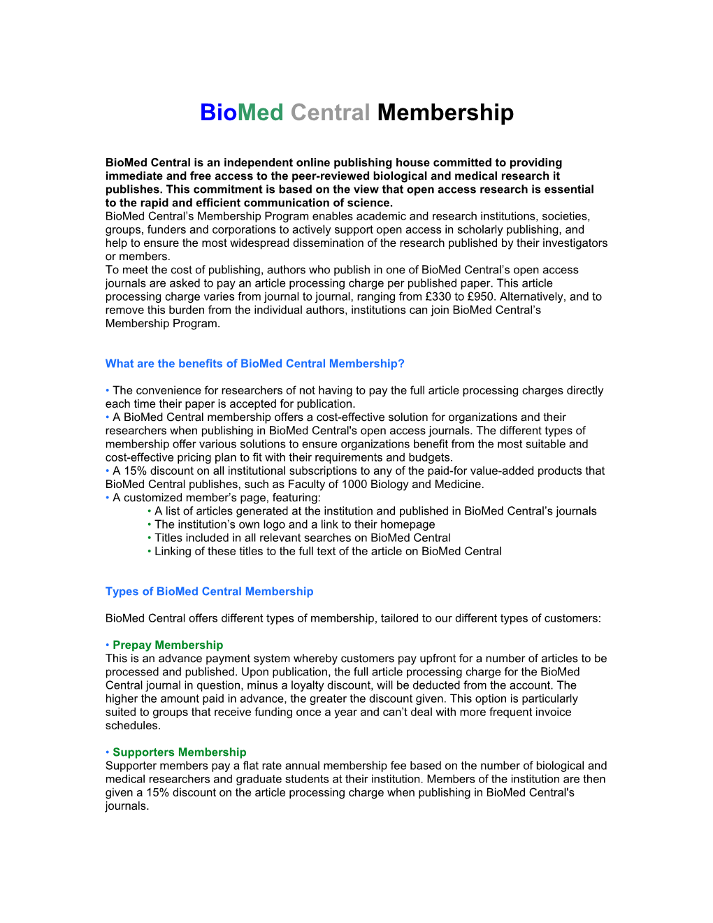 Biomed Central Membership