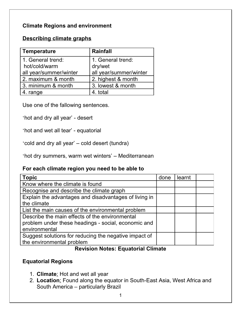 Revision Notes: Climate and Environment