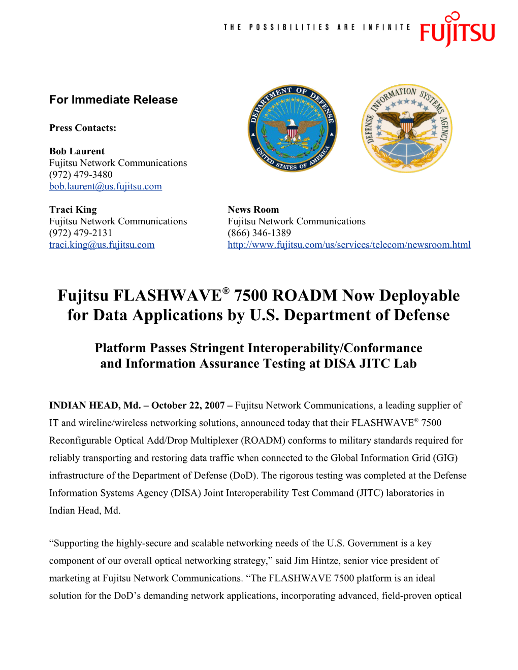 Fujitsu FLASHWAVE 7500 ROADM Now Deployable for Data Applications by U.S. Department Of