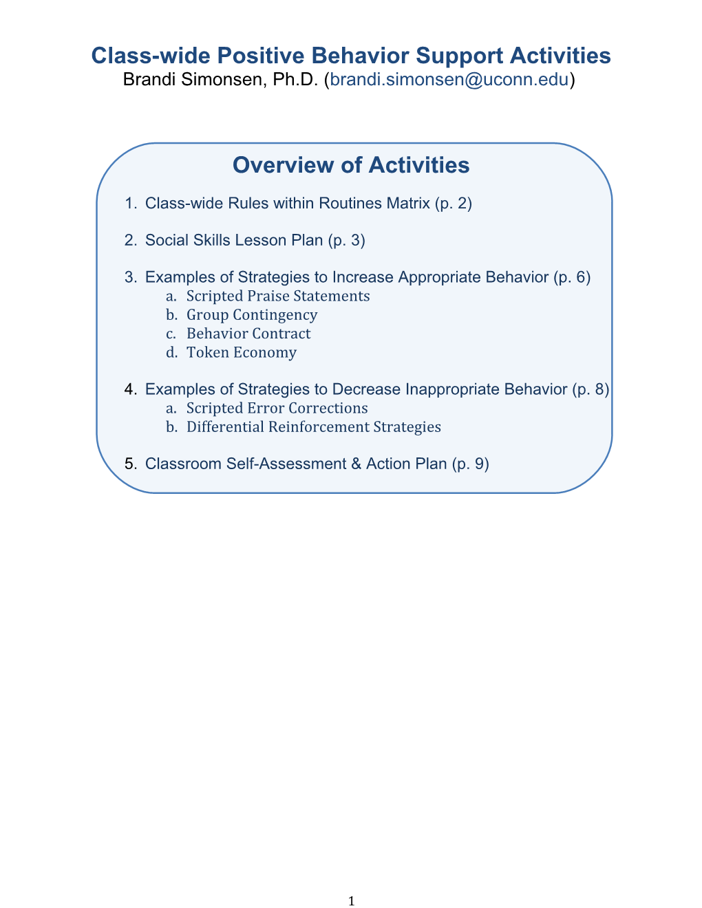 Class-Wide Positive Behavior Support Activities