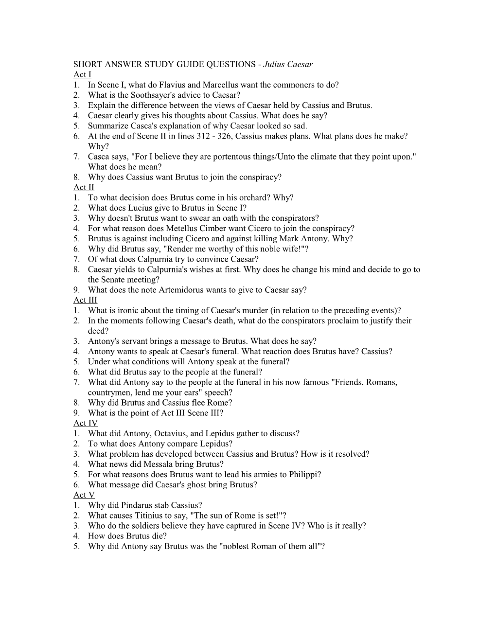 SHORT ANSWER STUDY GUIDE QUESTIONS - Julius Caesar