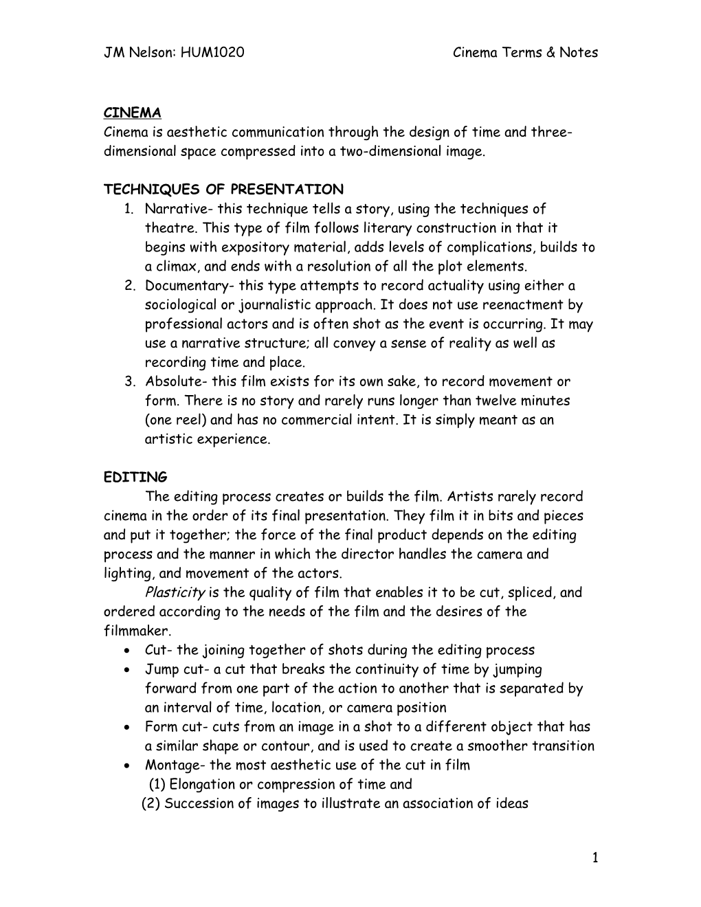 JM Nelson: HUM1020 Cinema Terms & Notes