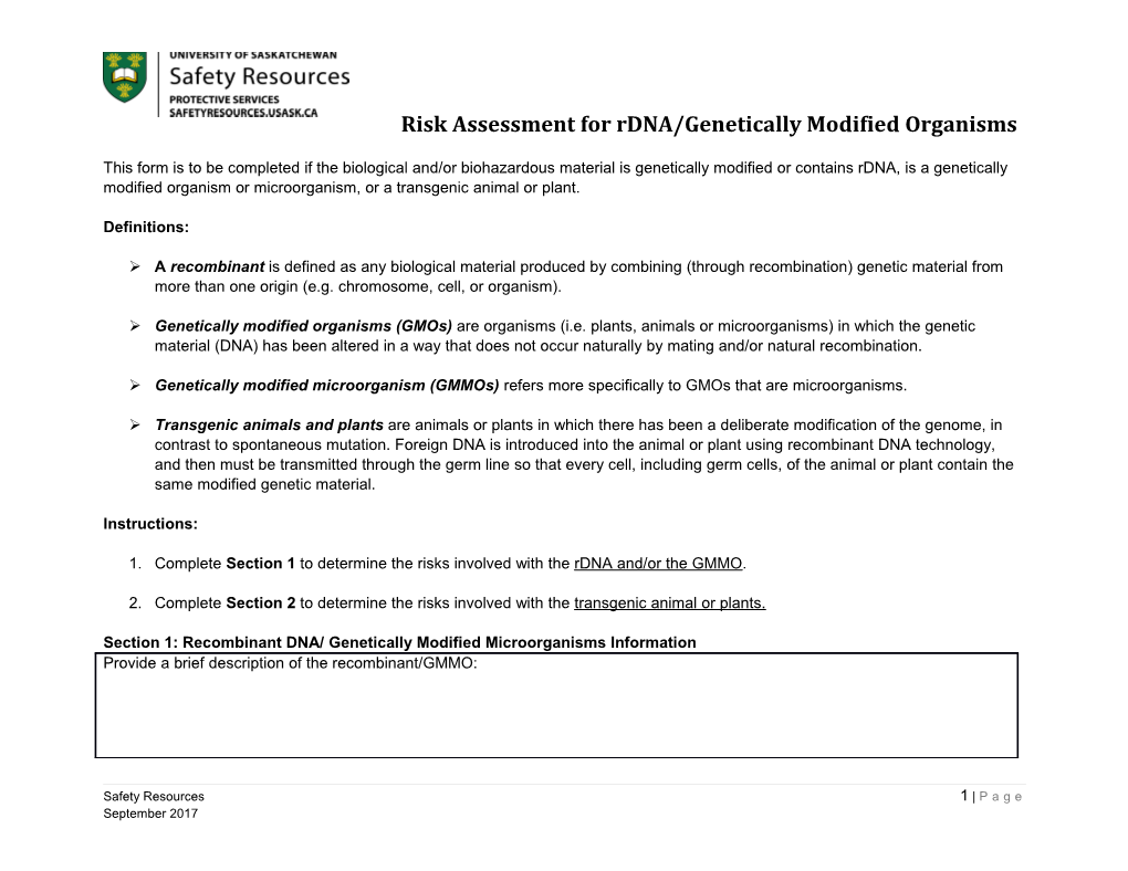 Risk Assessment for Rdna/Genetically Modified Organisms