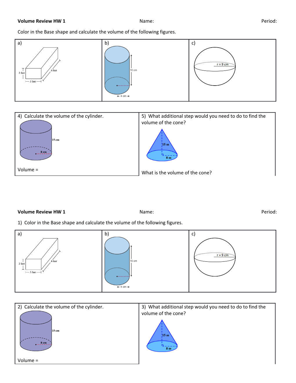 Volume Review HW 1 Name:Period