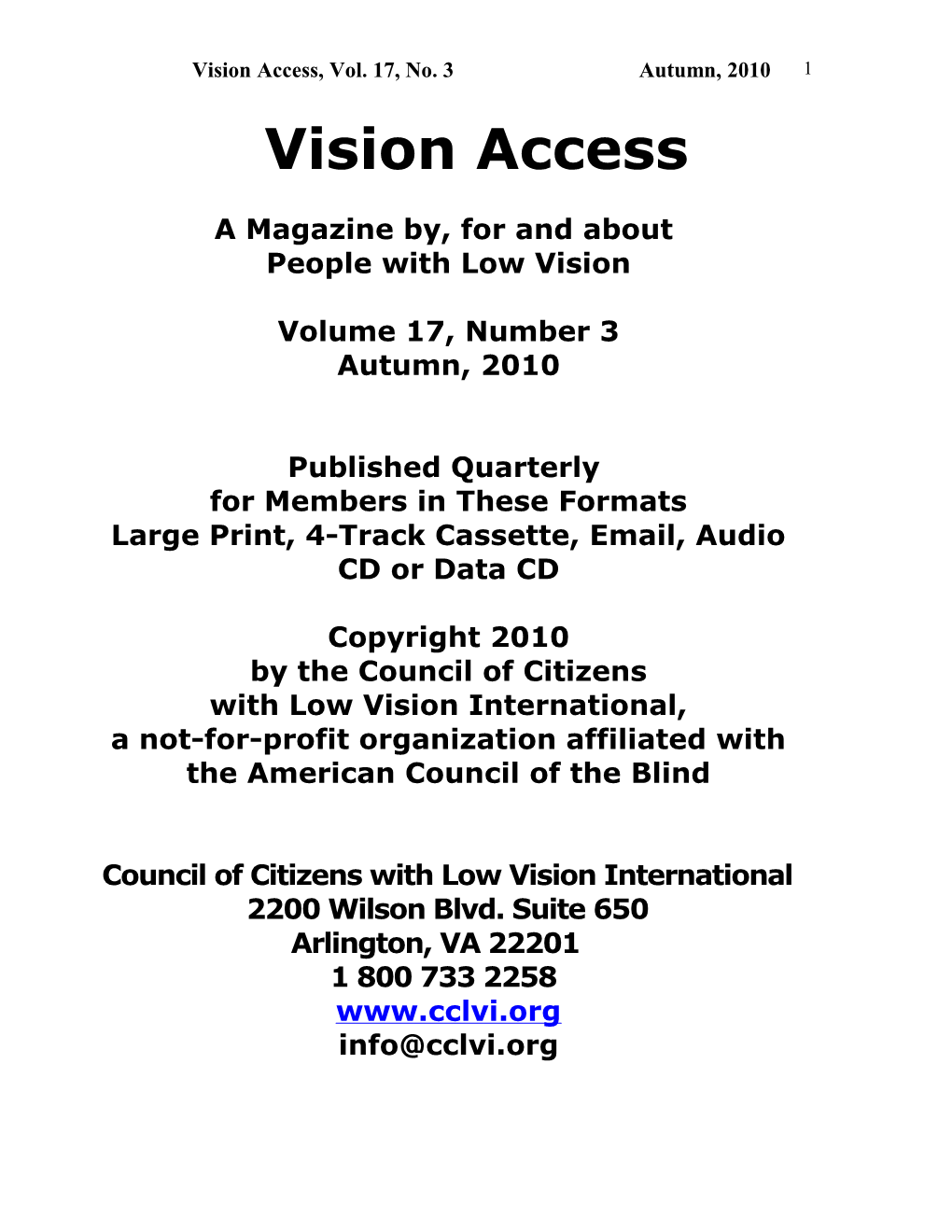 Vision Access, Vol. 17, No. 3 Autumn, 2010