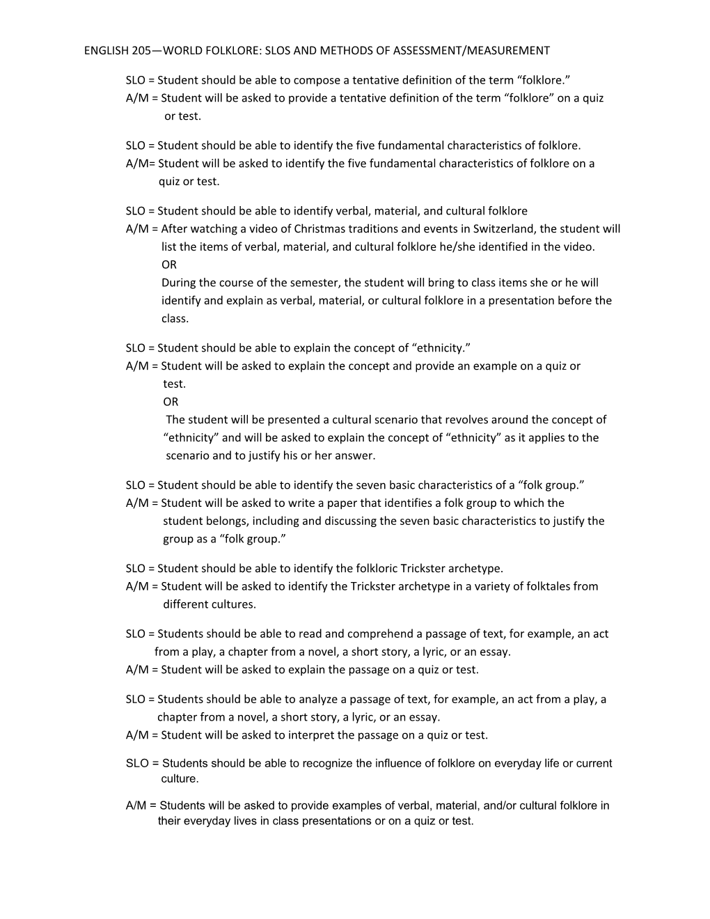 English 205 World Folklore: Slos and Methods of Assessment/Measurement