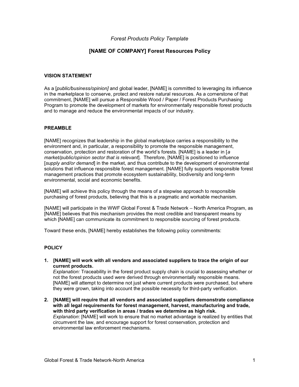 Forest Products Policy Template