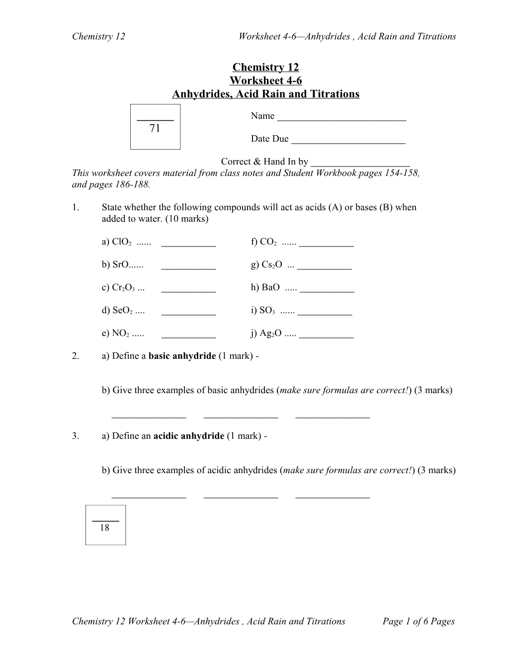 Chemistry 12 Worksheet 4-6 Anhydrides , Acid Rain and Titrations