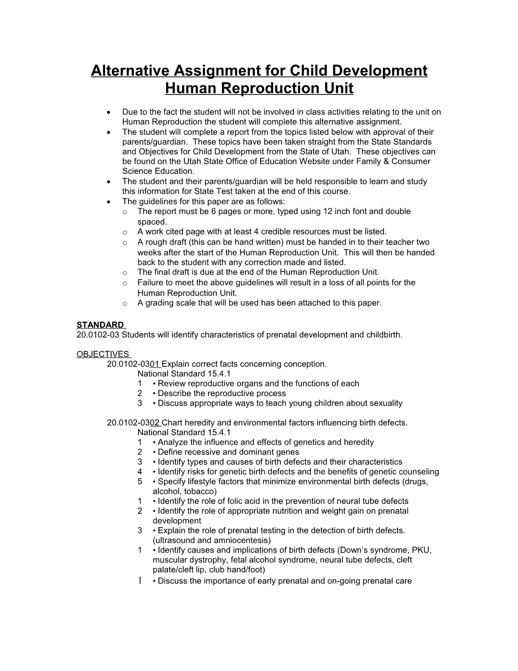 Alternative Assignment for Child Development Human Reproduction Unit