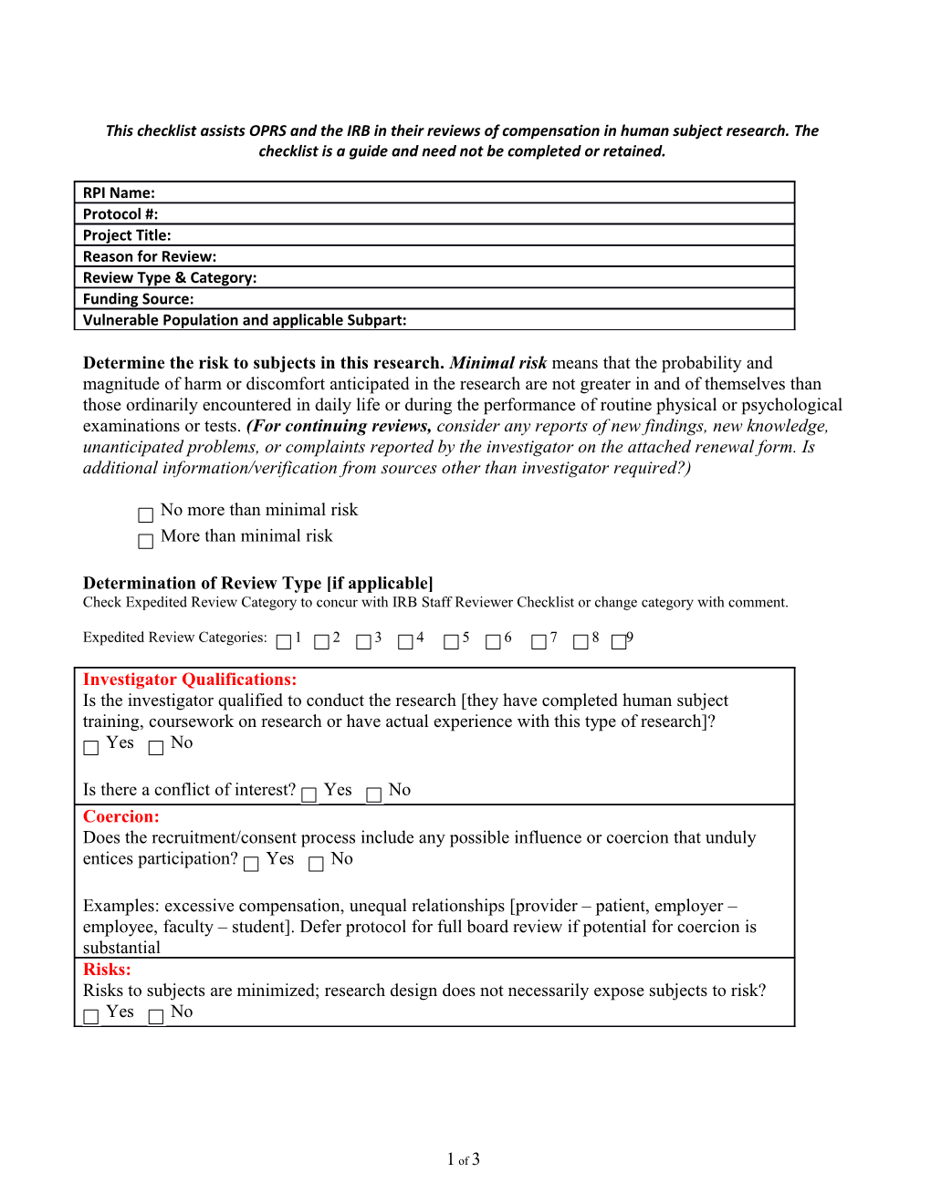 This Checklist Assists OPRS and the IRB in Their Reviews of Compensation in Human Subject