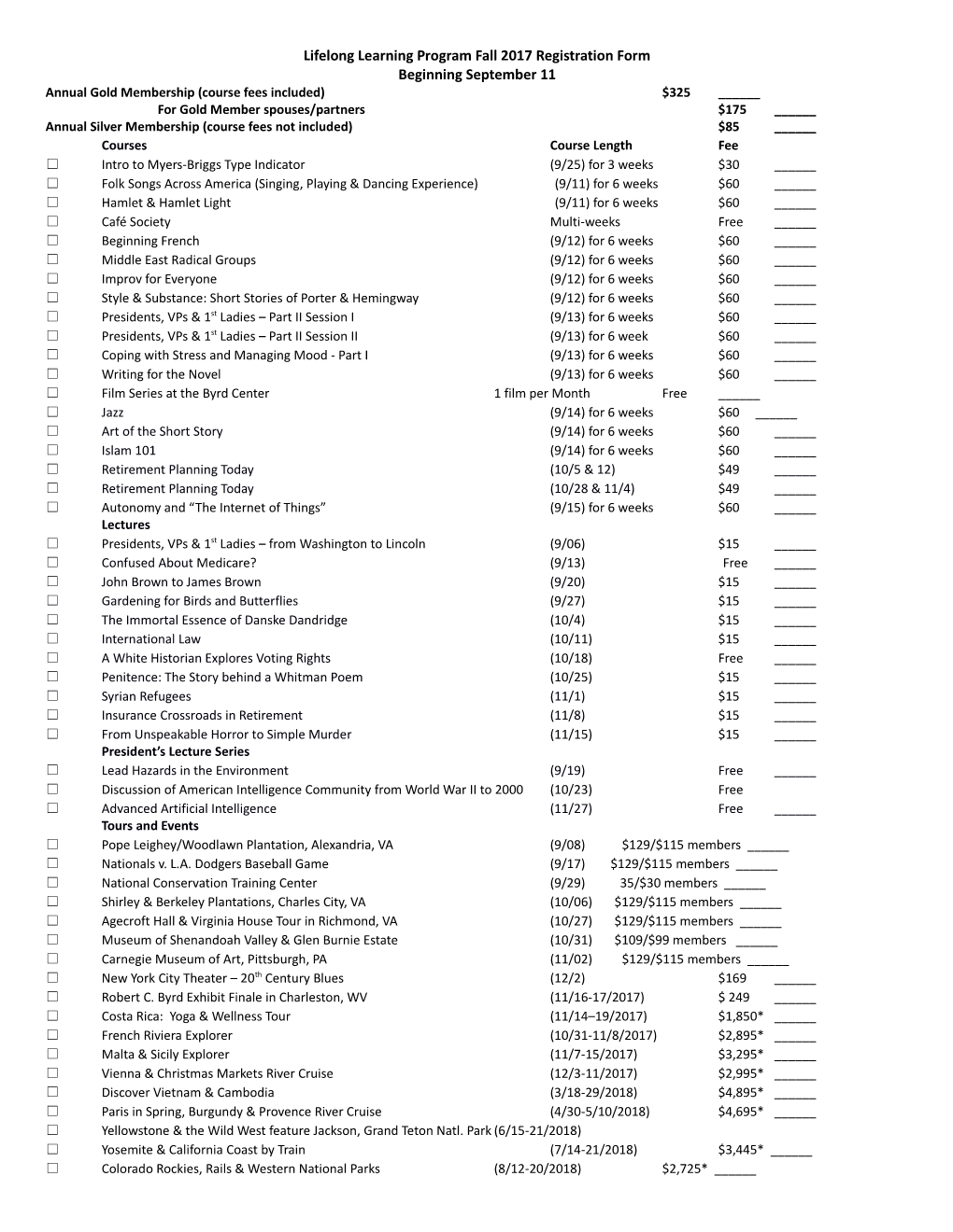 Lifelong Learning Program Fall 2017 Registration Form