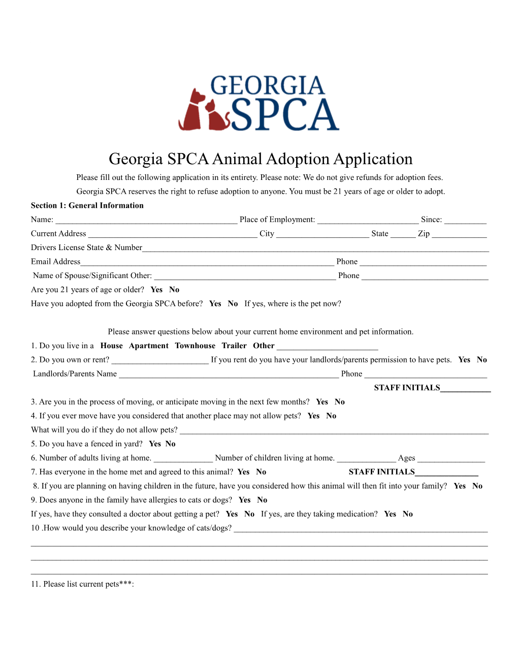 Georgia SPCA Animal Adoption Application