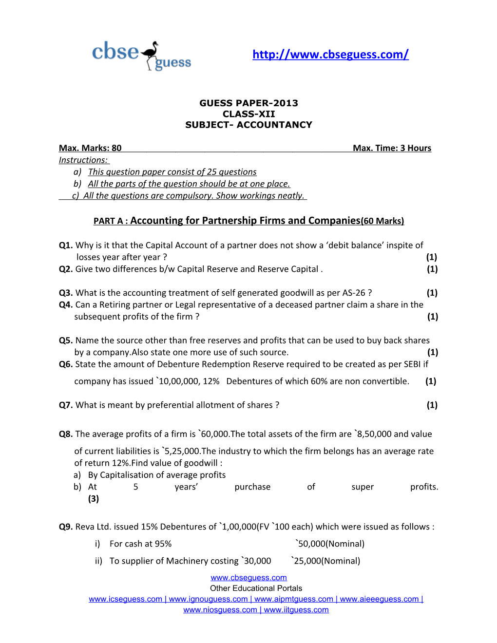 Guess Paper-2013 Class-Xii Subject- Accountancy