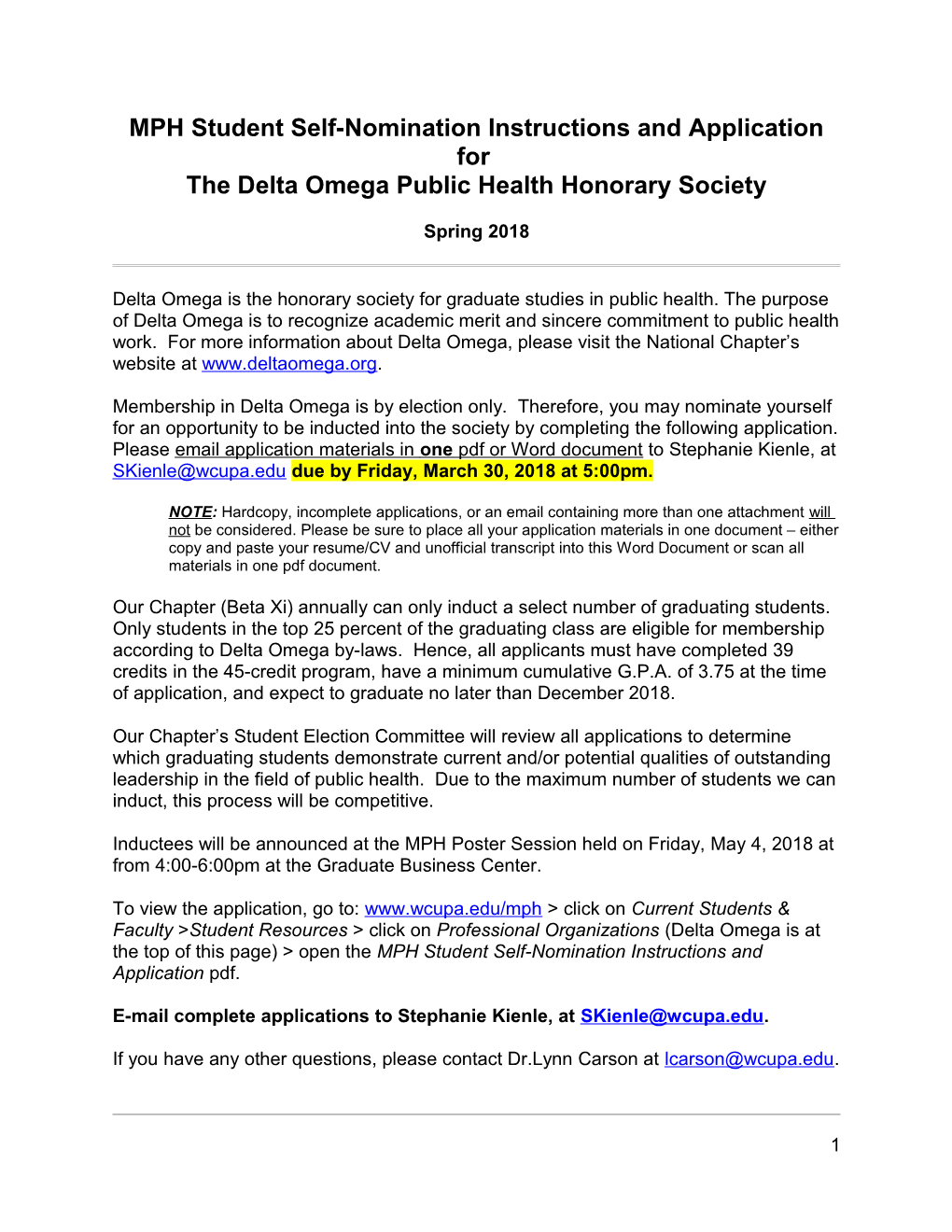 MPH Student Application for Delta Omega Public Health Honorary Society