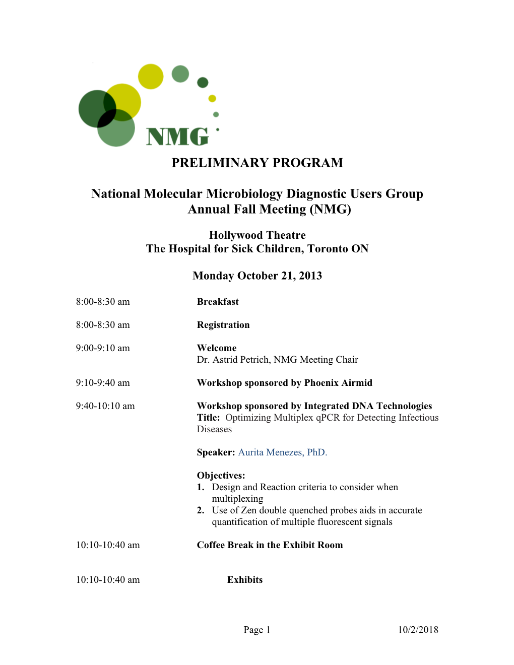 National Molecular Microbiology Diagnostic Users Group Annual Fall Meeting (NMG)