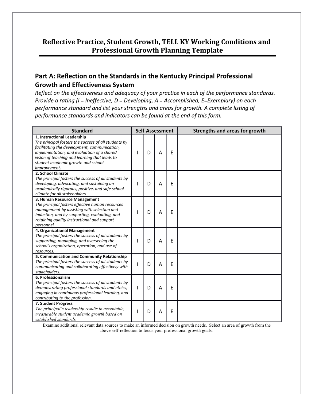 Principal Reflective Practice Student Growth and Professional Growth Planning Template