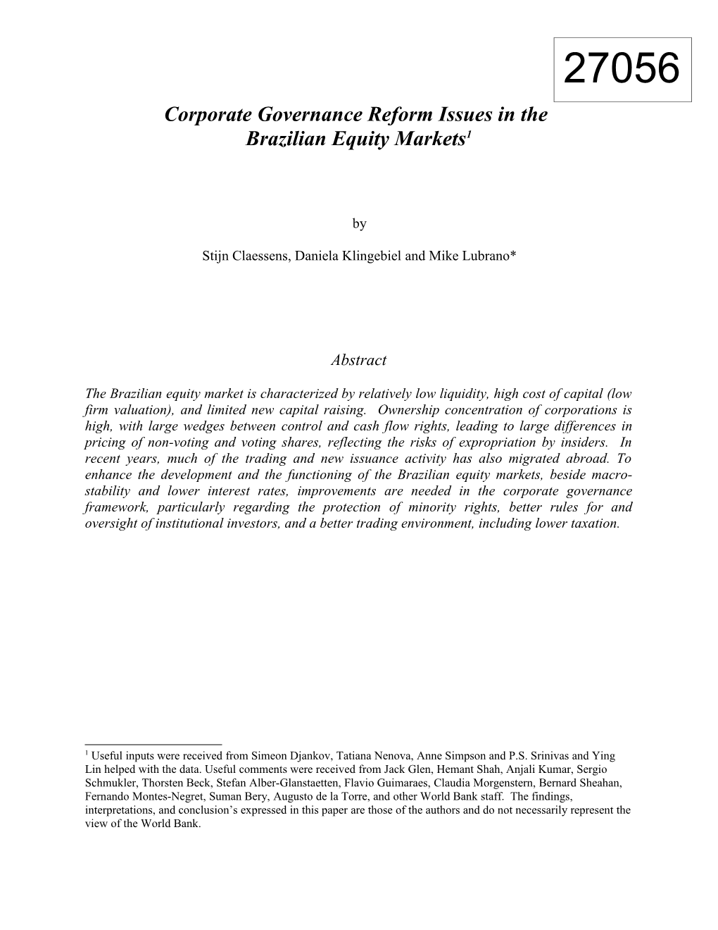 Outline for the Capital Markets Study for Brazil