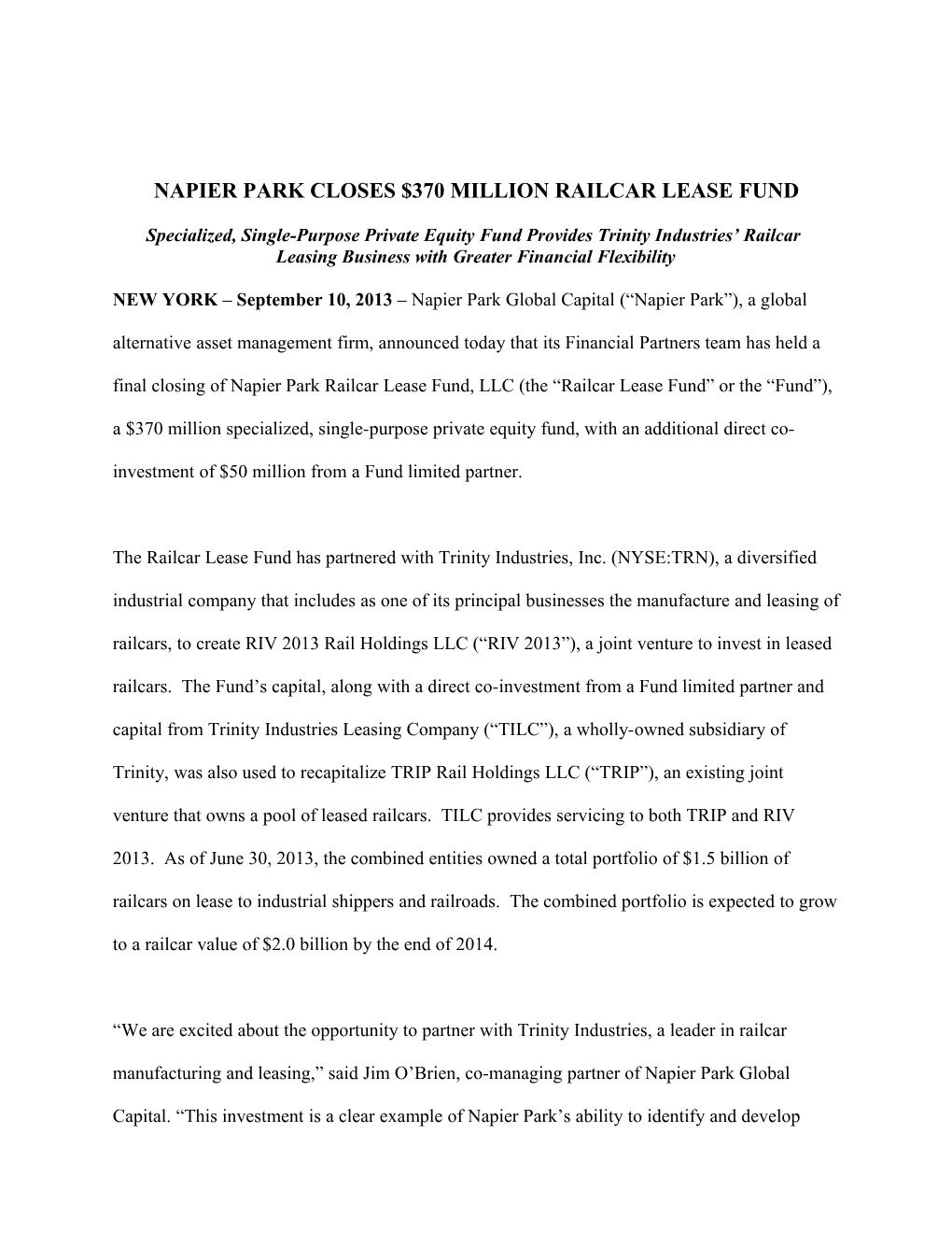 Napier Park Closes $370 Million Railcar Lease Fund