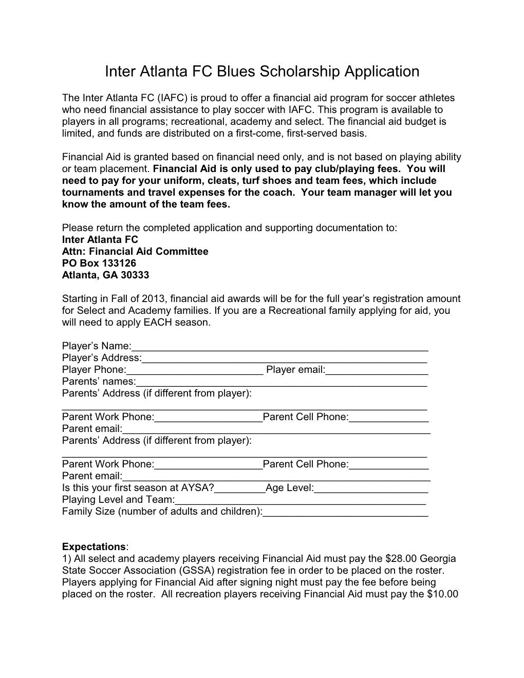 Inter Atlanta FC Blues Scholarship Application