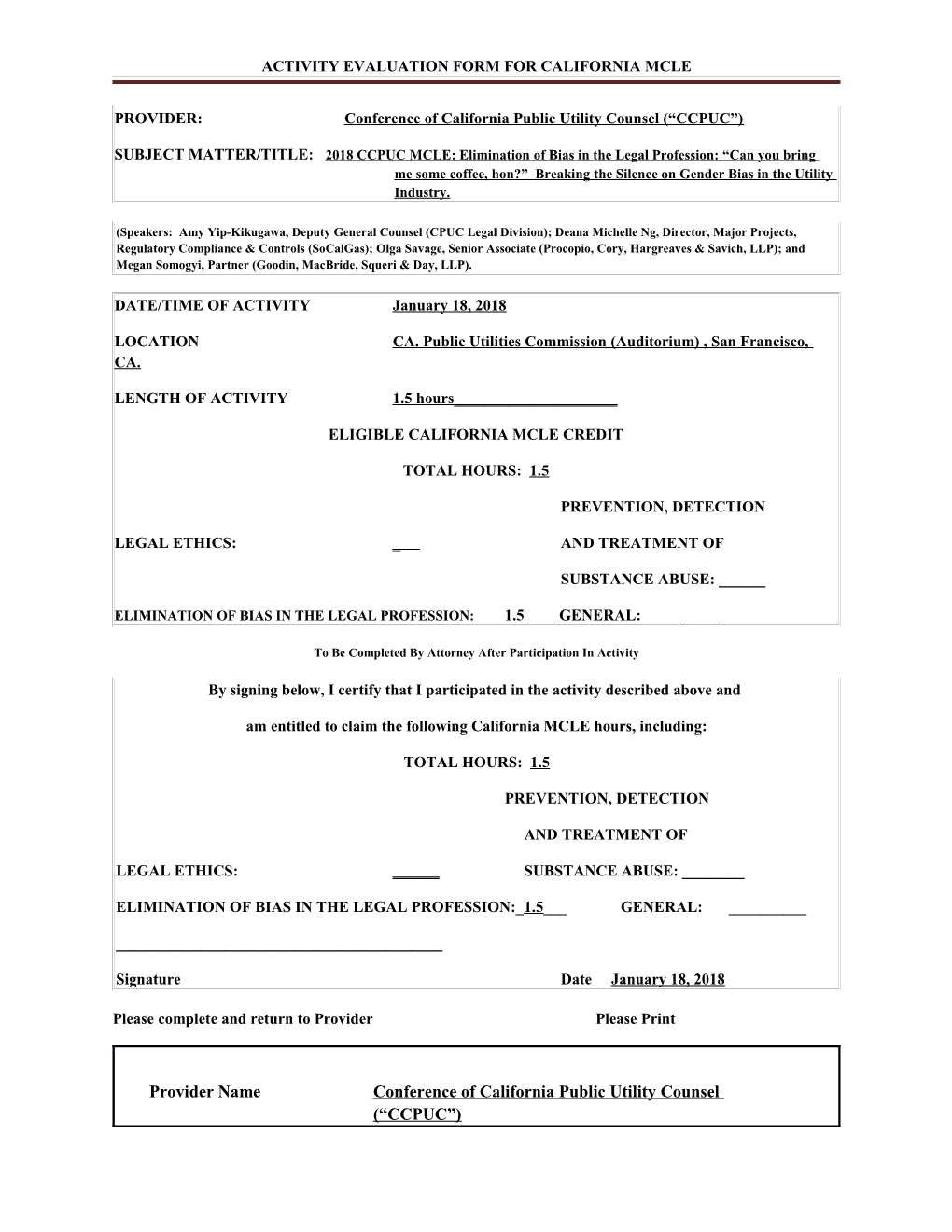 Activity Evaluation Form for California Mcle