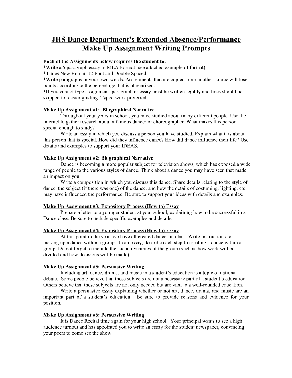 Each of the Assignments Below Requires the Student to Write a 5 Paragraph Essay in MLA