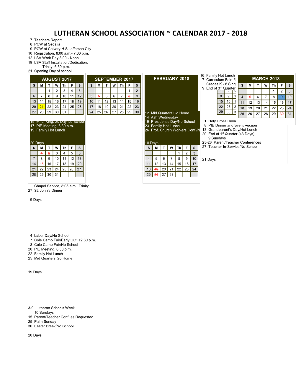 Lutheran School Association Calendar 2017-2018