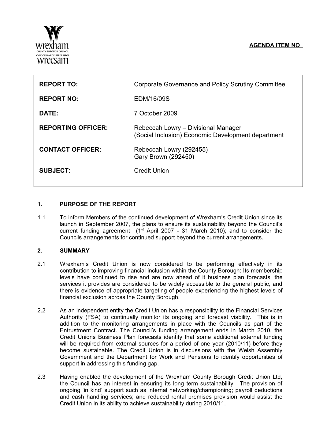 Wrexham County Borough Council Agenda Item No._____ s1