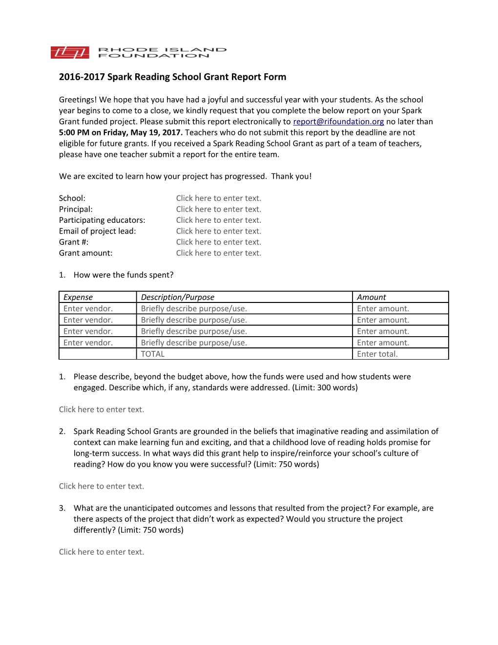 2016-2017 Spark Reading School Grant Report Form