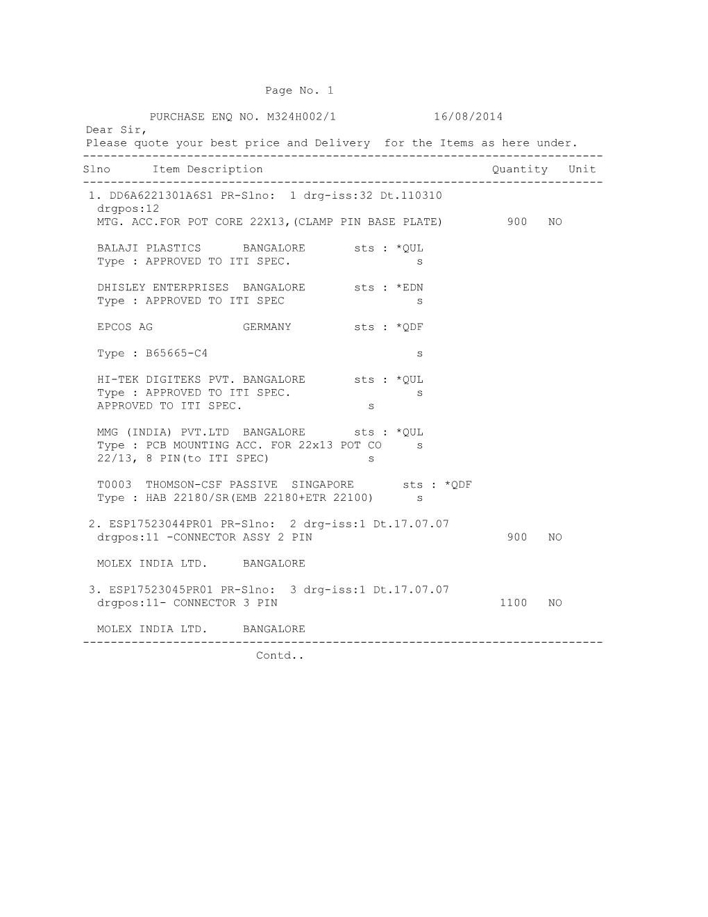 Purchase Enq No. M324h002/1 16/08/2014