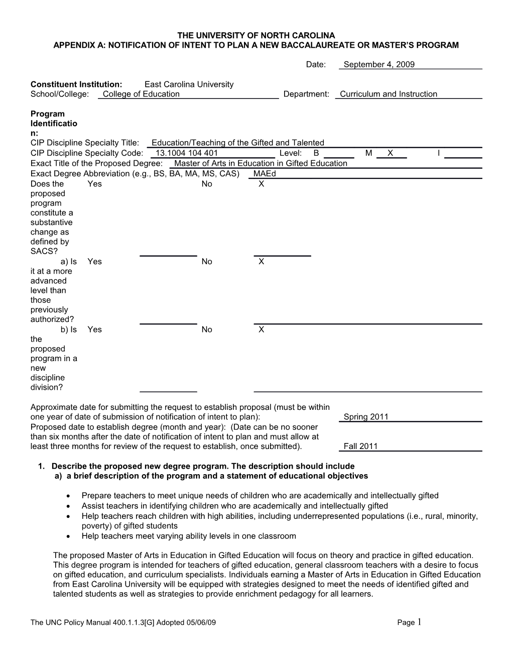 Letter of Intent to Plan a Degree Program