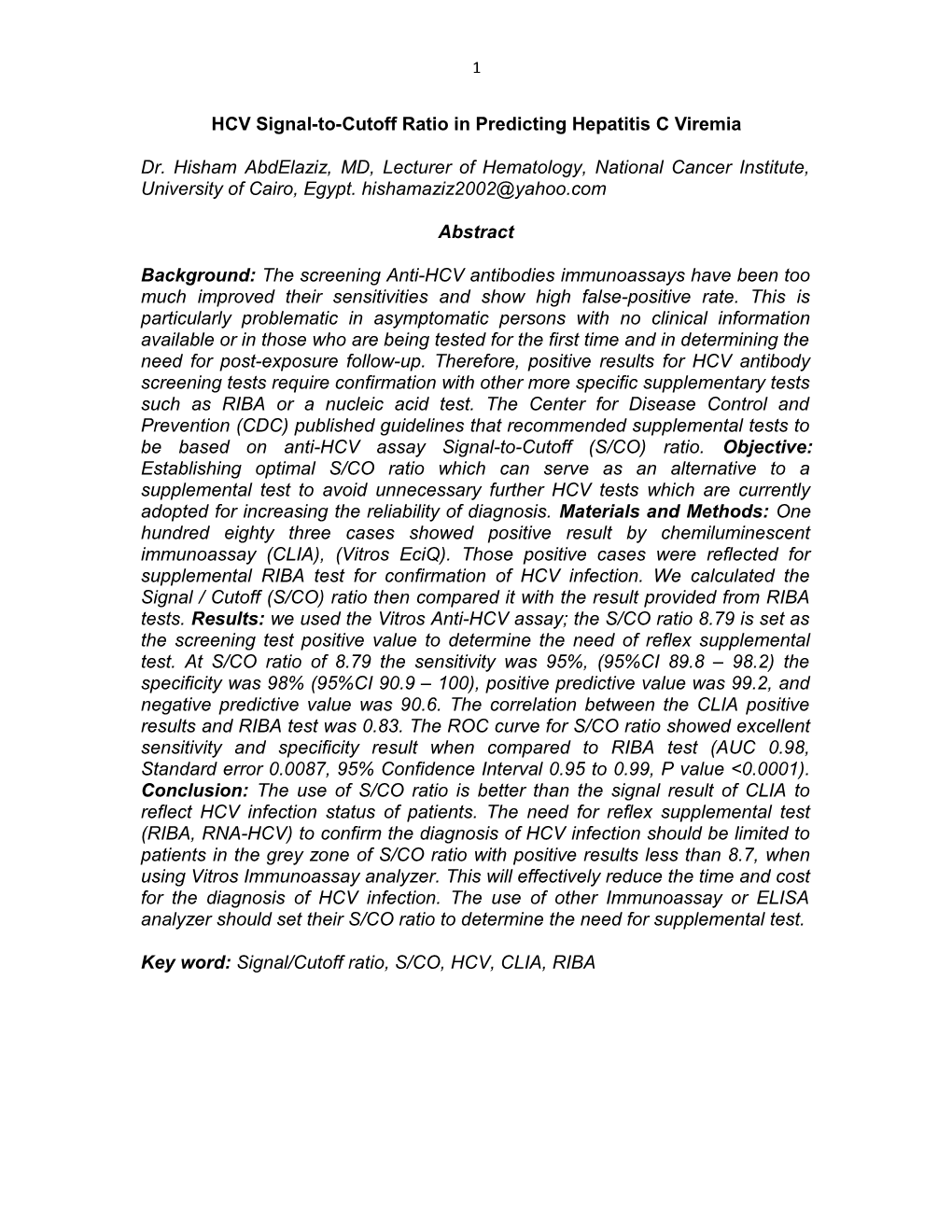 HCV Signal-To-Cutoff Ratio in Predicting Hepatitis C Viremia